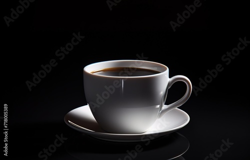 A cup of coffee in the photo in front of a black wall. generative AI