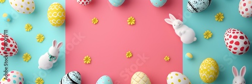 Flat vector design of easter eggs and baby bunnies, generative AI