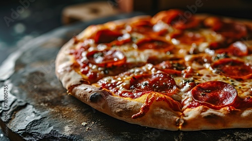 Sizzling pepperoni pizza baked in a charcoal oven, captured with professional lighting. Perfect for food delivery and powered by advanced AI technology.