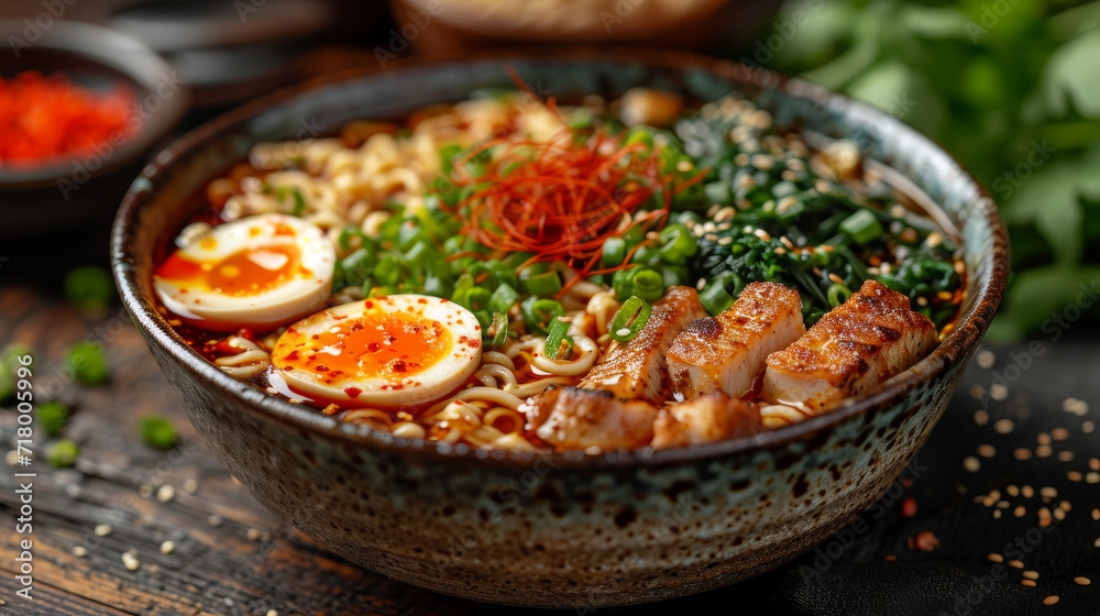 Ramen in a bowl well decorated, product photo Ramen in a bowl well decorated, product photo