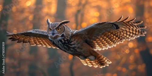 Golden Flight: Majestic Owl Gliding through the Forest at Sunset, a Perfect Blend of Stealth and Grace, Generative AI