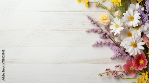 Pretty spring flowers on white wooden background with copy space for your design. Spring background concept