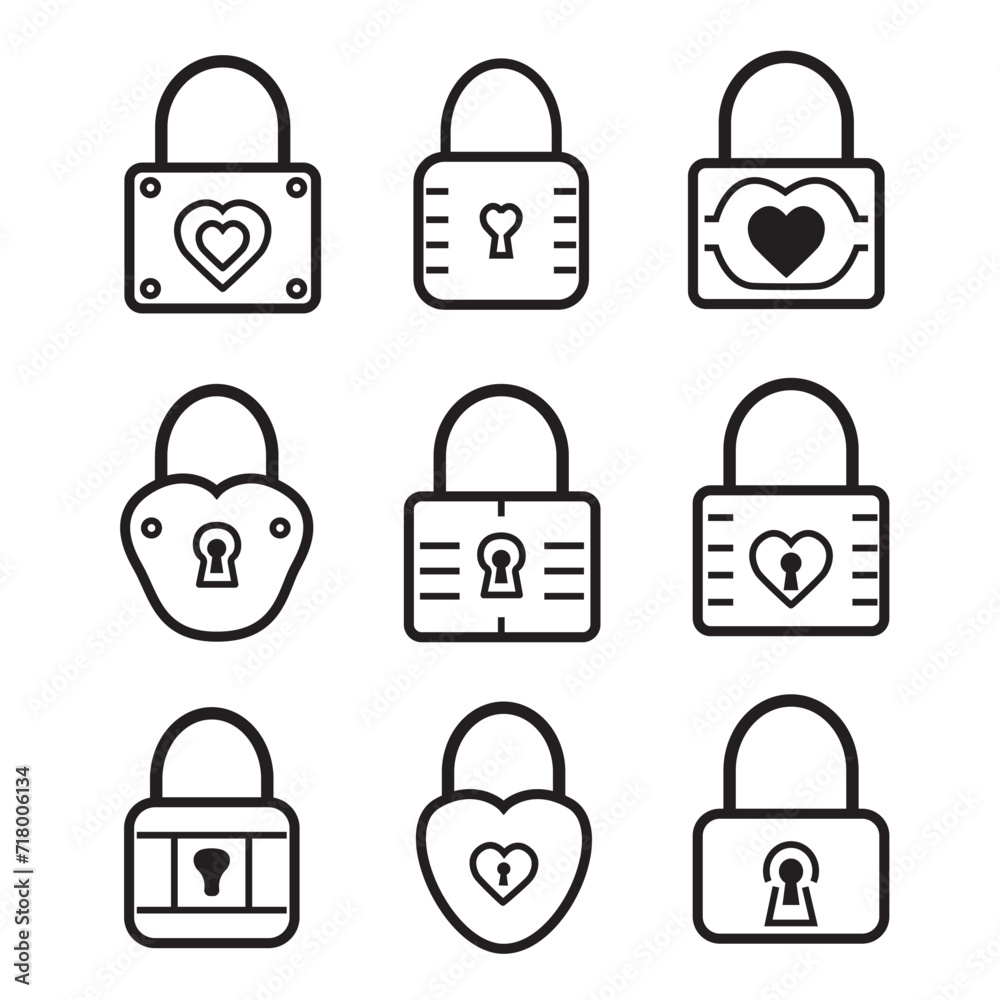 Heart shape lock line icons set. Love padlock vector illustration isolated on white. Heart shape lock line icons set. Love padlock vector illustration isolated on white.