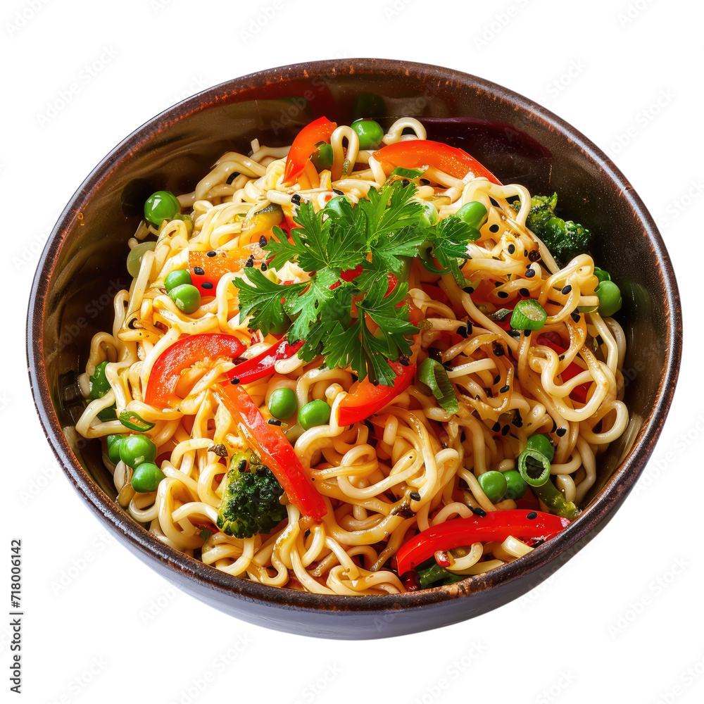 Fried noodles with vegetables in bowl, Top view. Transparent background Fried noodles with vegetables in bowl, Top view. Transparent background