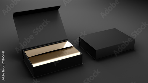 Black and Gold Luxury Product Box on a dark background with gold decorative paper. Mailer box template