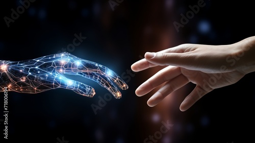 Exploring Human and AI Hands in Symbiotic Connectivity. Futuristic and AI concept.