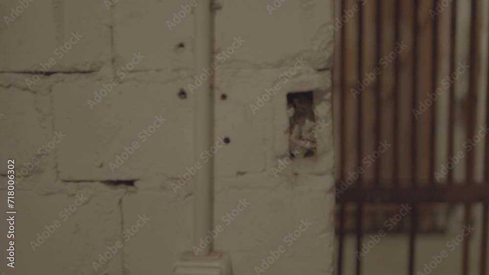 Close-up of a weathered basement door with peeling paint and wooden bars Close-up of a weathered basement door with peeling paint and wooden bars