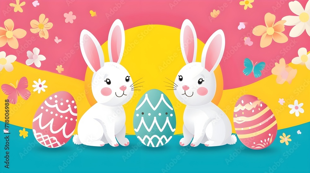 Flat vector design of easter eggs and baby bunnies, generative AI Flat vector design of easter eggs and baby bunnies, generative AI
