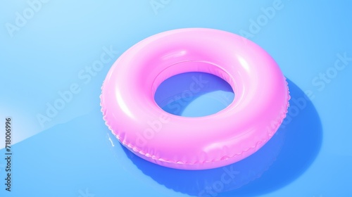 Pink inflatable swimming ring on a blue background. Pool accessories, Summer, Leisure, Entertainment, Hotel concepts.