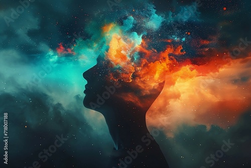 Human head with orange and blue clouds in the background. Depression, mental health concept. photo