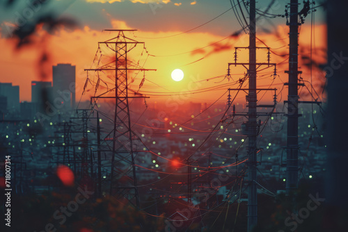 Energy infrastructure in a populated area at sunset