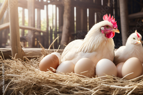 Hühner und Kücken im Stroh mit Eiern