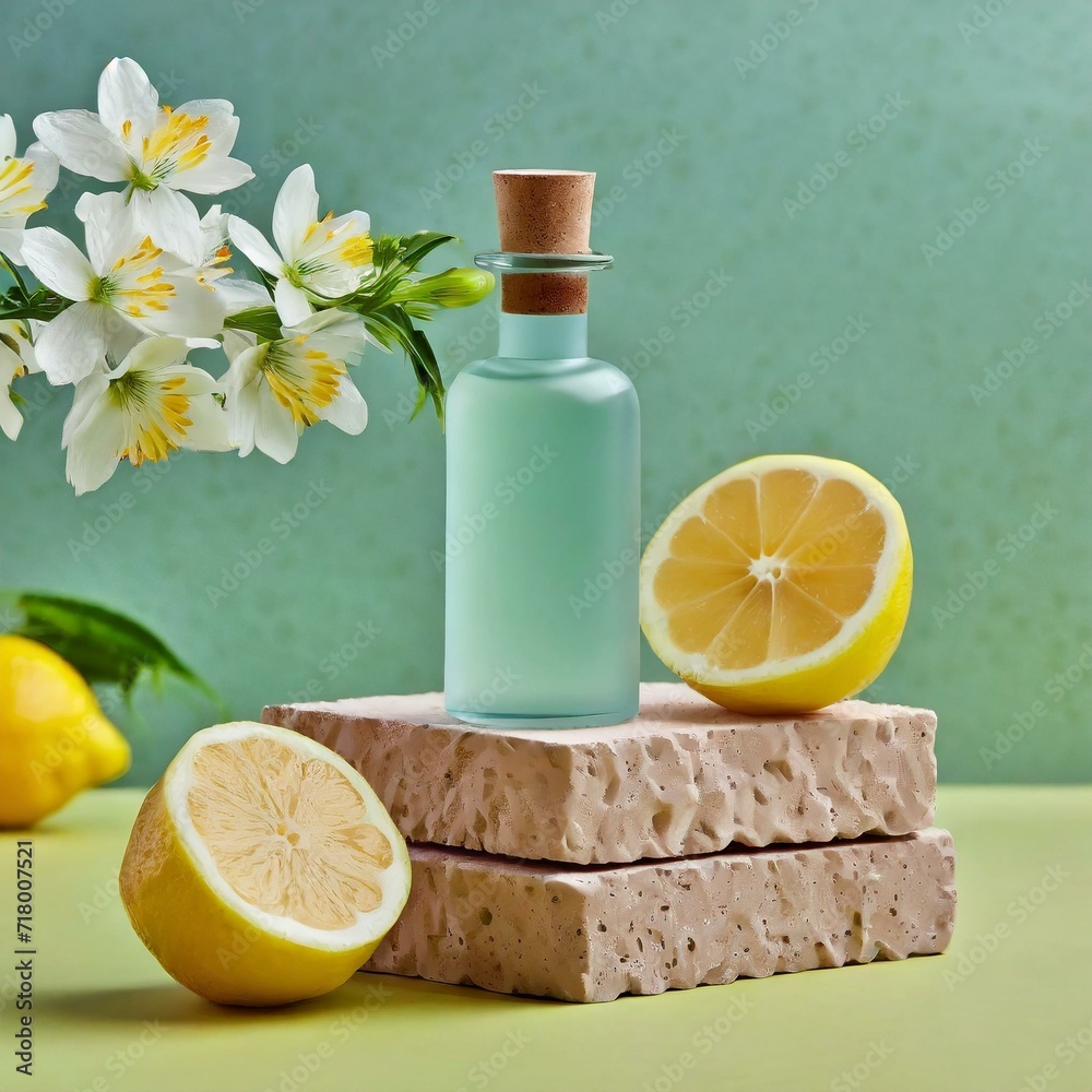 Unlabelled empty bottle placed on a brick podium with fresh lemons, rocks, and white flowers. Green background, a Mockup scene for advertising cosmetics of lemon extract rich in vitamin C. Unlabelled empty bottle placed on a brick podium with fresh lemons, rocks, and white flowers. Green background, a Mockup scene for advertising cosmetics of lemon extract rich in vitamin C.