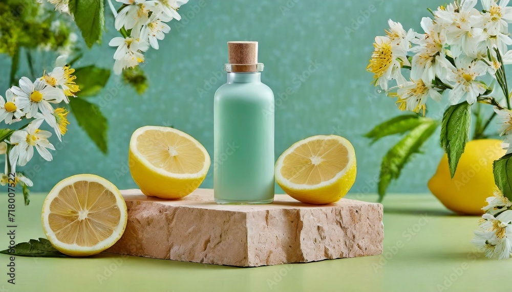Unlabelled empty bottle placed on a brick podium with fresh lemons, rocks, and white flowers. Green background, a Mockup scene for advertising cosmetics of lemon extract rich in vitamin C. Unlabelled empty bottle placed on a brick podium with fresh lemons, rocks, and white flowers. Green background, a Mockup scene for advertising cosmetics of lemon extract rich in vitamin C.