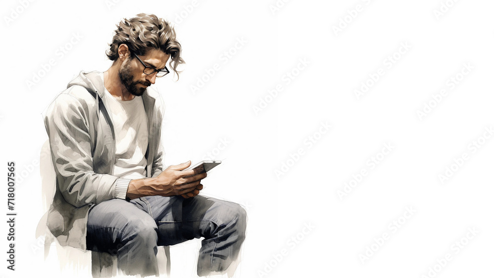 A Sketch of a Young Man With Facial Hair and Eyeglasses Holding a Smartphone With Copy Space