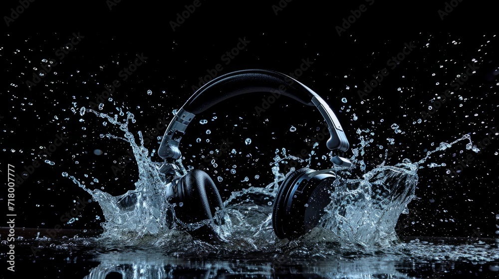 Modern Headphone Accessory in water splashes on the black background