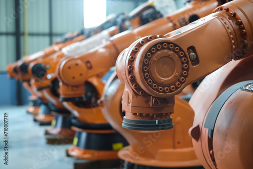 Row of orange robot arms inside plant assemble for automotive Industry.Automated production line with robotic arms in factory.
