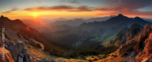 Mountain landscape in Europe at sunrise.