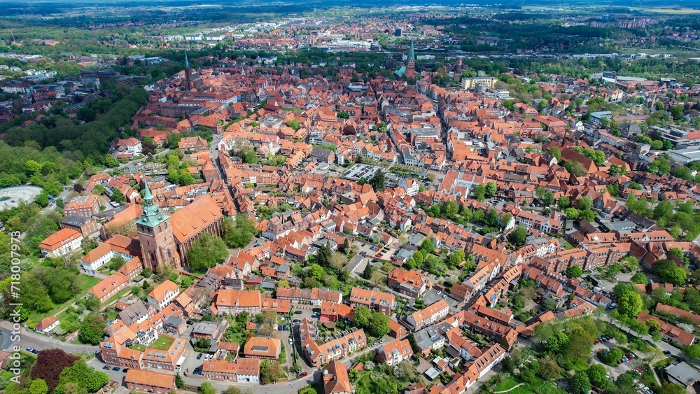 Aerial view of the old town of Lüneburg in Germany. On a sunny day in spring