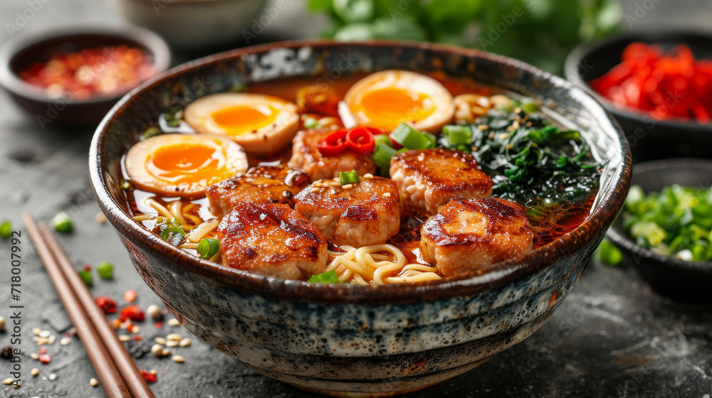 Ramen in a bowl well decorated, product photo Ramen in a bowl well decorated, product photo
