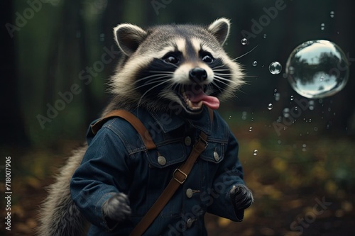 Funny picture with a raccoon in pants,raccoon and soap bubbles,brutal raccoon,flying soap bubbles,cute face with a mustache © schukoba