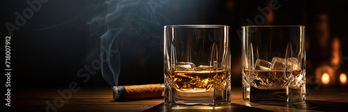 A two glass of whiskey with ice and a Cuban cigar on a wooden table on a dark background. Men's club banner idea. Copy space for text photo