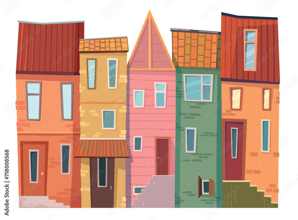 Old street view vector illustration. Cute tiny houses with tiled roof and tall windows. Architecture illustration