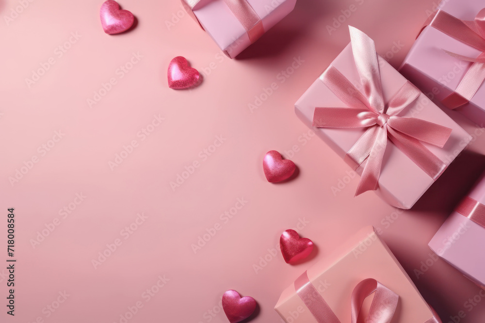 Background with realistic festive gifts boxes. Pink boxes with pink hearts. For greeting card or banner. Generative AI