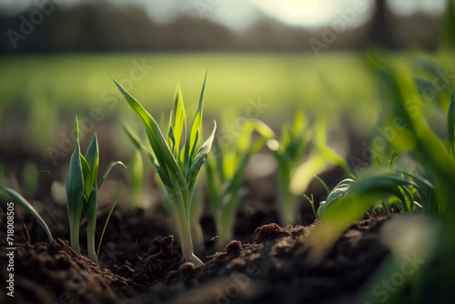 Fresh green sprouts of maize in spring on the field, soft focus. Gardening and Agriculture concept. Generative AI