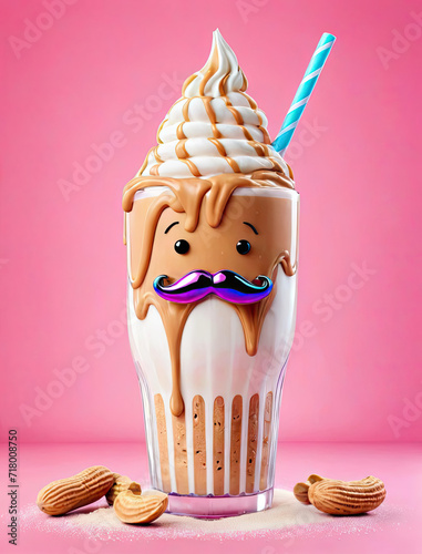 Photorealistic Pop Art Illustration of Irresistible Peanut Butter Milkshake with Happy Faces Gen AI photo