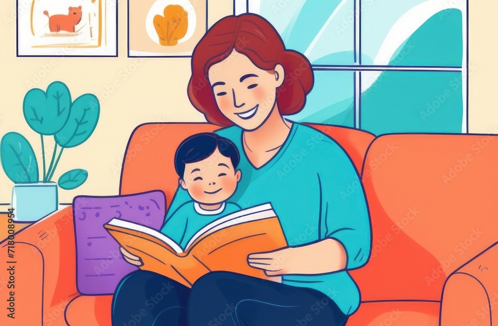 Mother and child reading a book sitting on the sofa,parent and child spending leisure time together,cute girl smiling,woman reading a book