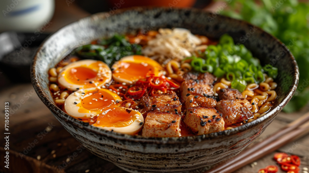 Ramen in a bowl well decorated, product photo Ramen in a bowl well decorated, product photo