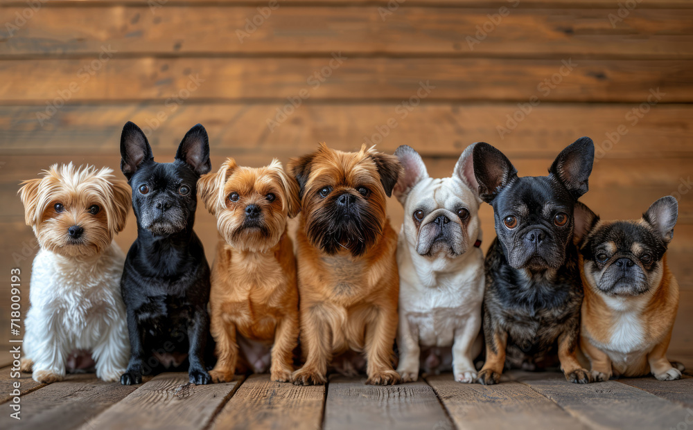 A lineup of small dogs, seated on a wooden backdrop