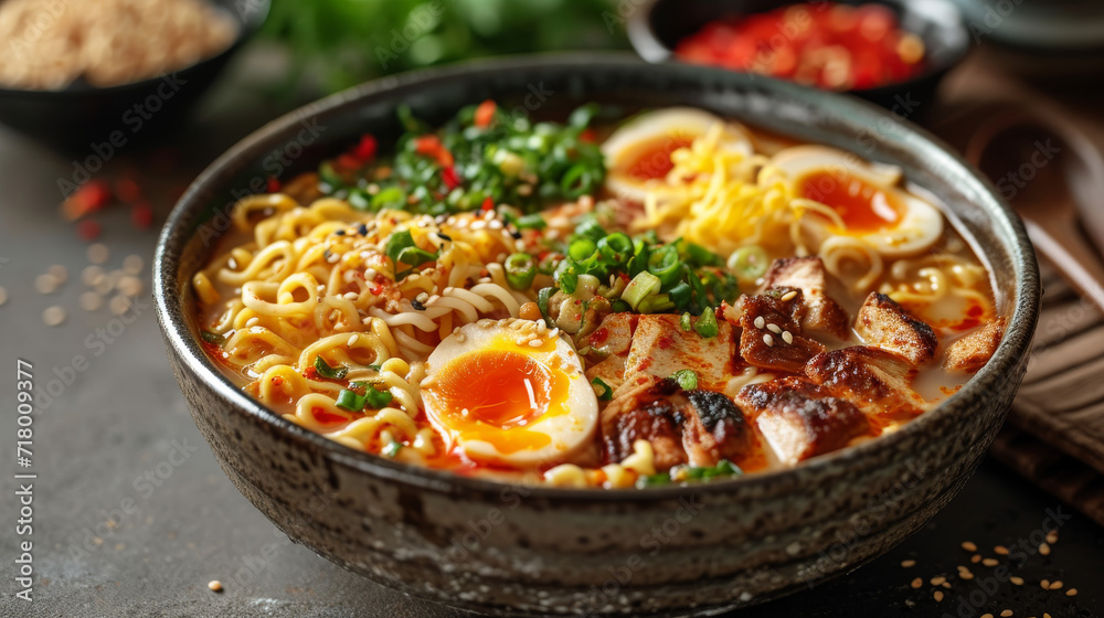 Ramen in a bowl well decorated, product photo Ramen in a bowl well decorated, product photo