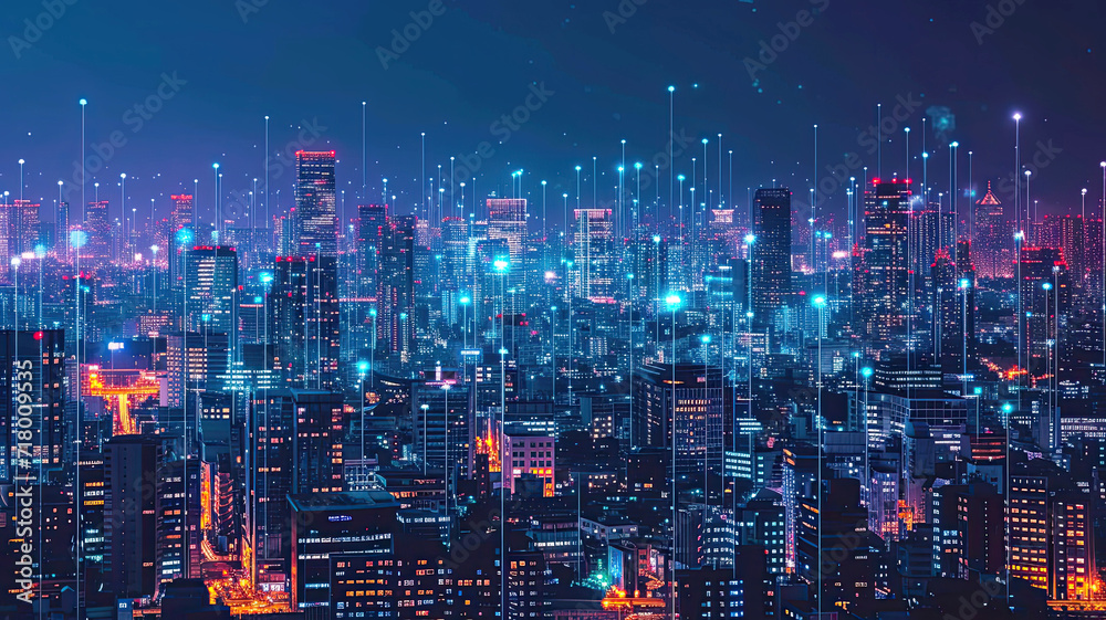 Night view of a modern cityscape overlaid with glowing digital network graphics symbolizing a smart city's connectivity