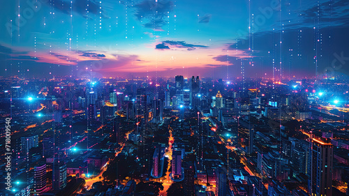 Night view of a modern cityscape overlaid with glowing digital network graphics symbolizing a smart city s connectivity