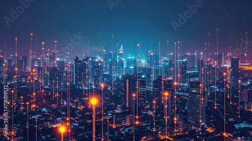 Night view of a modern cityscape overlaid with glowing digital network graphics symbolizing a smart city's connectivity photo