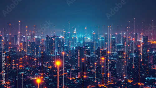 Night view of a modern cityscape overlaid with glowing digital network graphics symbolizing a smart city's connectivity