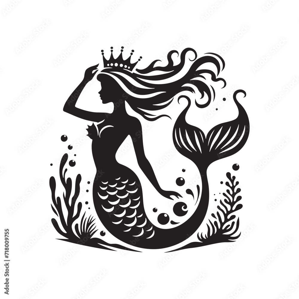 Siren Symphony: A Melodious Display of Mermaid Silhouettes, Harmonizing in the Ocean's Lullaby - Mermaid Illustration - Sea Beauty Vector - Mermaid Vector
