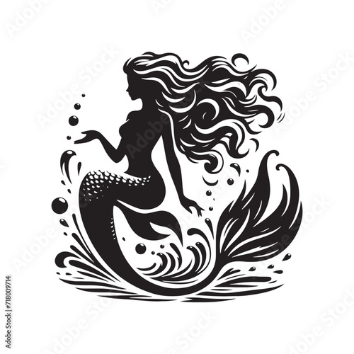 Tranquil Tides: Silhouetted Mermaids Gracefully Navigate the Ocean's Serenity in a Poetic Dance - Mermaid Silhouette - Sea Beauty Vector - Mermaid Illustration
