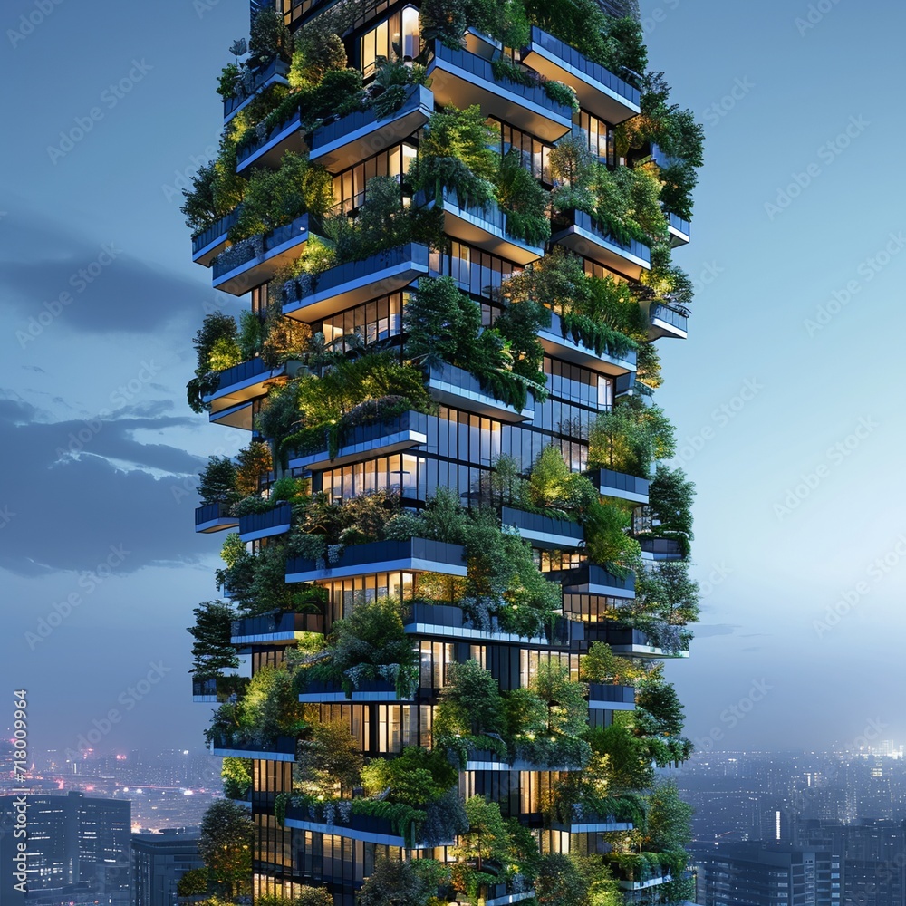 skyscraper with vegetation at night