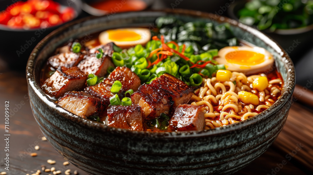 Ramen in a bowl well decorated, product photo Ramen in a bowl well decorated, product photo
