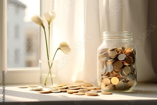 Coins in a jar with a stack of gold Coins next to it in the photo on a black background. generative AI
