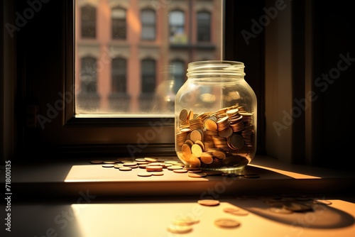 Coins in a jar with a stack of gold Coins next to it in the photo on a black background. generative AI photo
