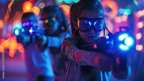 cheerful children playing laser tag, kids, shooting, laser gun, game, childhood, entertainment center, childhood, boy, girl, neon, sport, hobby, fun, party, birthday, people, portrait, weapon, war