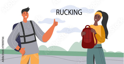 Rucking active walking with a backpack that contains extra weight. A young man and woman walks with a backpack. Accessible sports, the concept of outdoor training. Vector illustration 