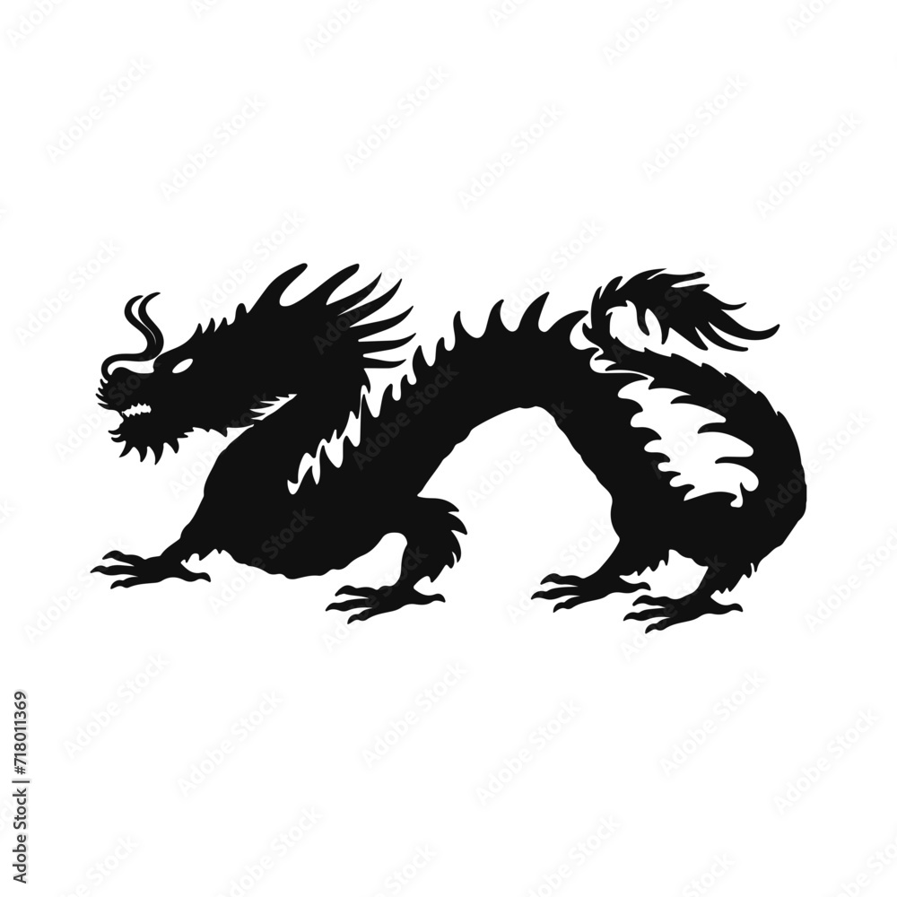 Fototapeta premium Dragon silhouette, Chinese zodiac, horoscope symbol, icon. Black oriental monster, magic fantasy legend animal shadow profile, side view. Flat graphic vector illustration isolated on white background