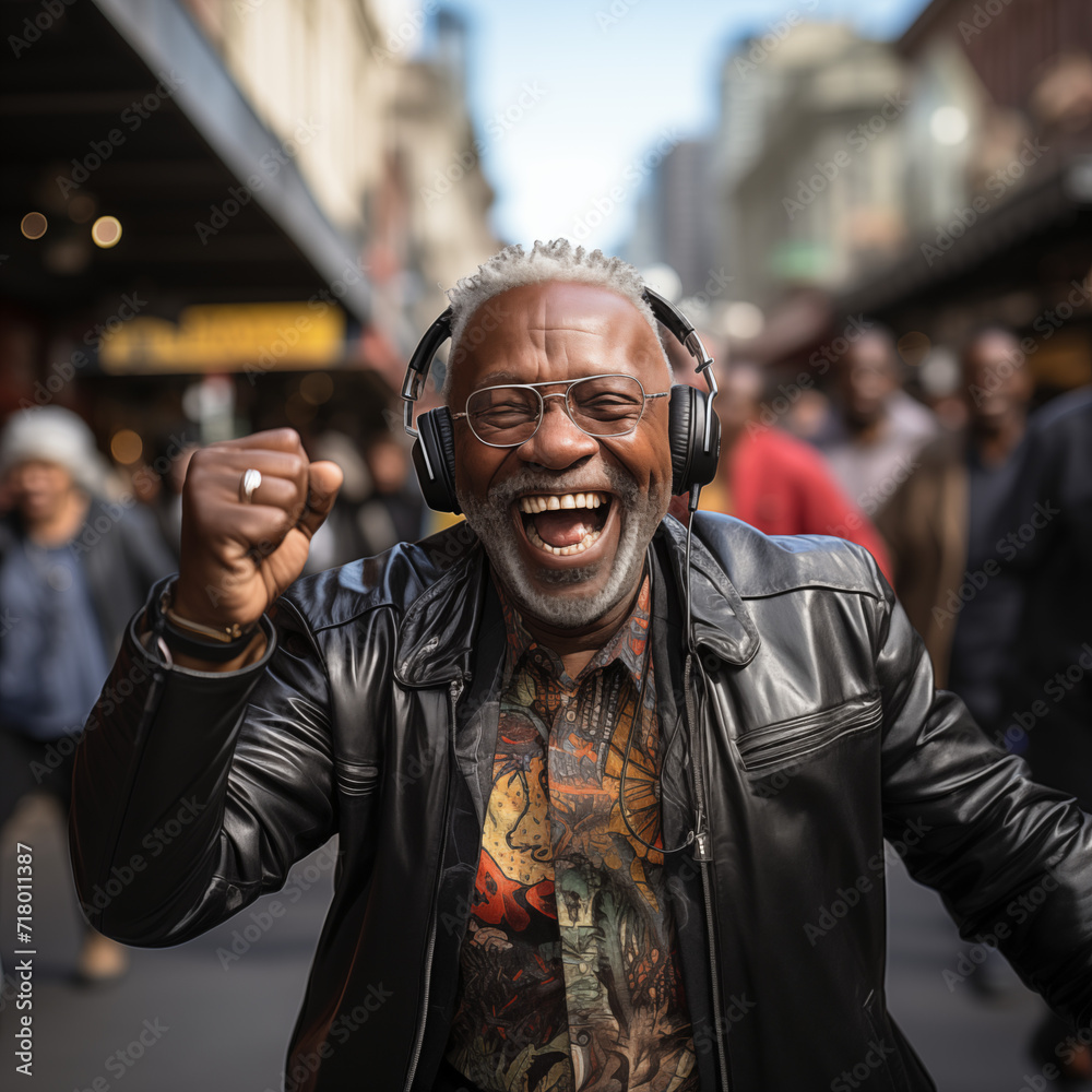 An older man smiling and dancing on the street with headphones on, modern aging An older man smiling and dancing on the street with headphones on, modern aging