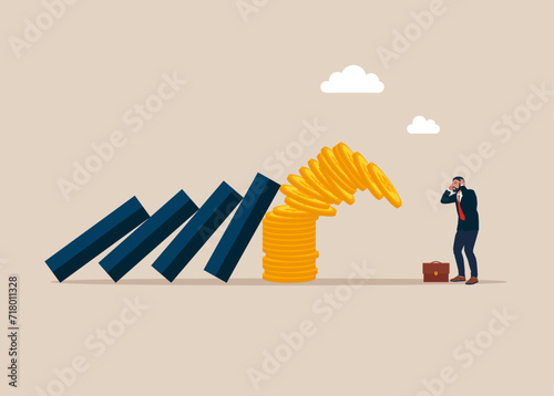 Loss of money. Financial situation is unstable. Domino effect affecting pile of coins. Flat vector illustration
