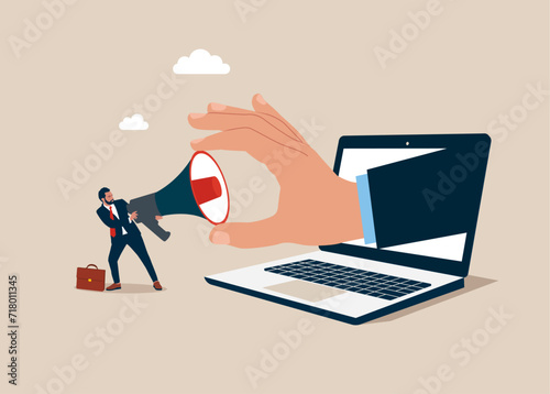 Online propaganda. Big hand pulling a megaphone tug of war with a businessman. Vector illustration